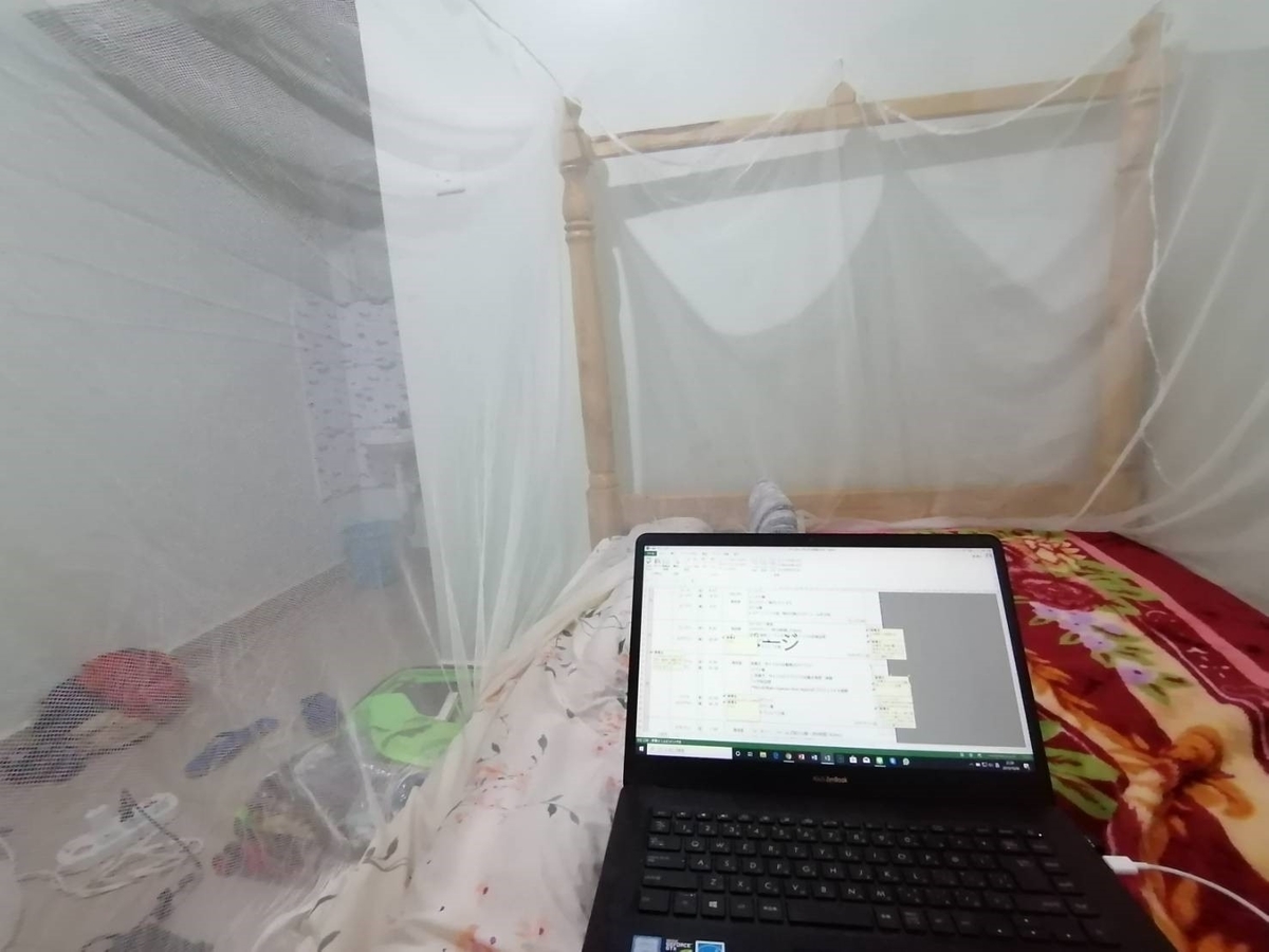 ウガンダ滞在中はマラリアを運ぶ蚊から身を守るため、蚊帳の中で作業する